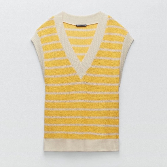ZARA Rustic Yellow Stripe Oversized Knit Sweater Vest - Picture 1 of 7